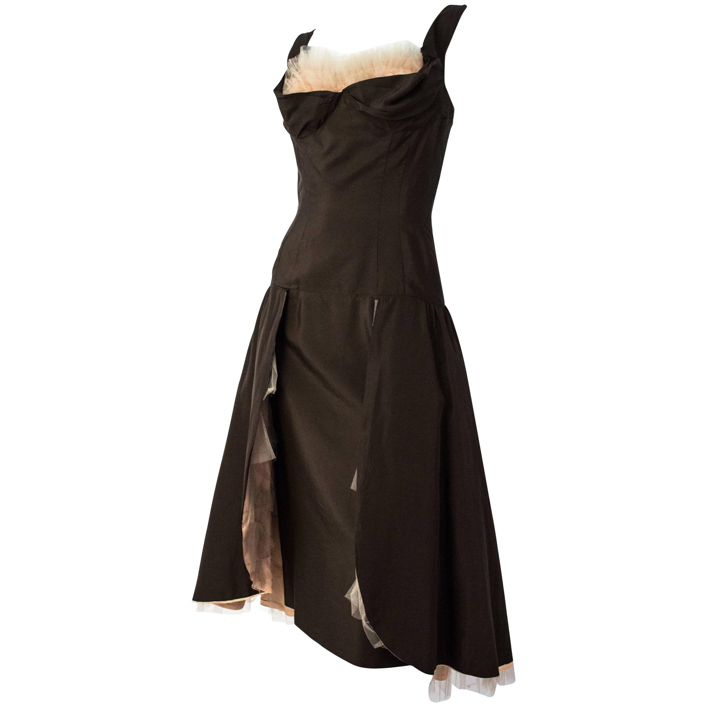 50s Chocolate Brown Party Dress with Pale Pink Tulle Ruffle Detail