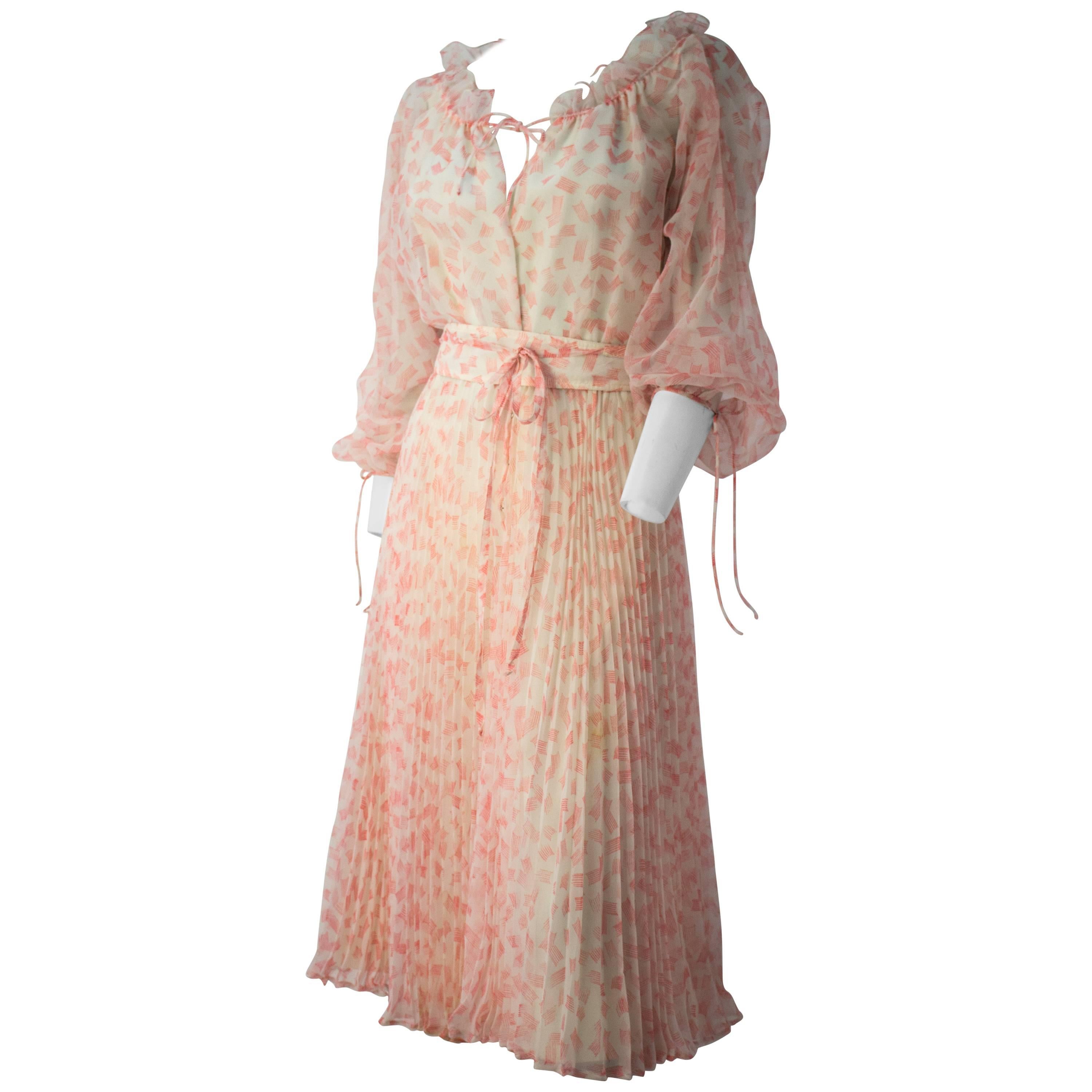 70s Printed Chiffon Pleated Flounce Dress For Sale
