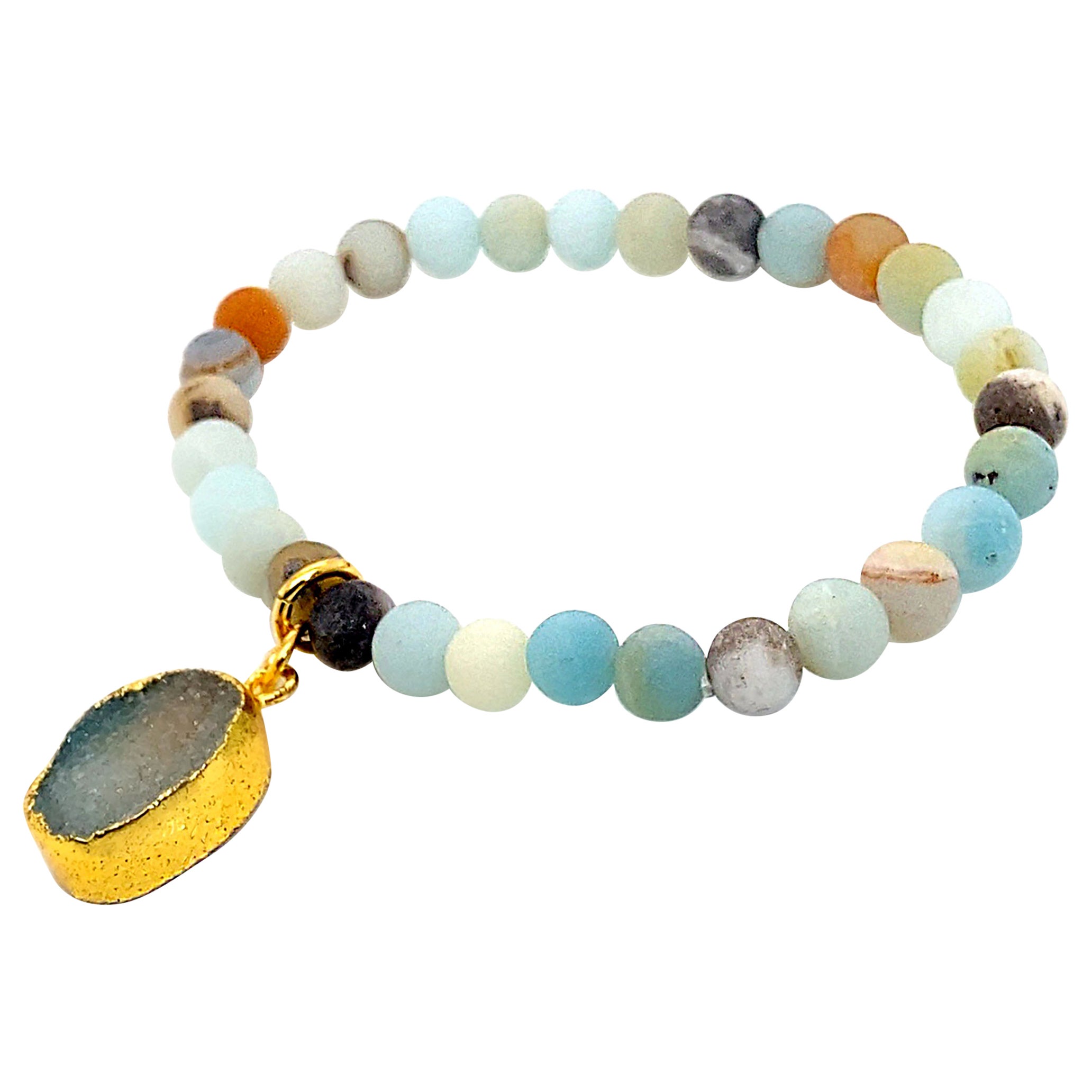 Fun & Funky Frosted Amazonite Bead Bracelet with Teal Druzy Dangle – 6MM Matte Beads
Add a pop of fun to your wardrobe with this frosted matte Amazonite bead bracelet! Featuring smooth 6MM Amazonite beads in shades of blue-green, this versatile