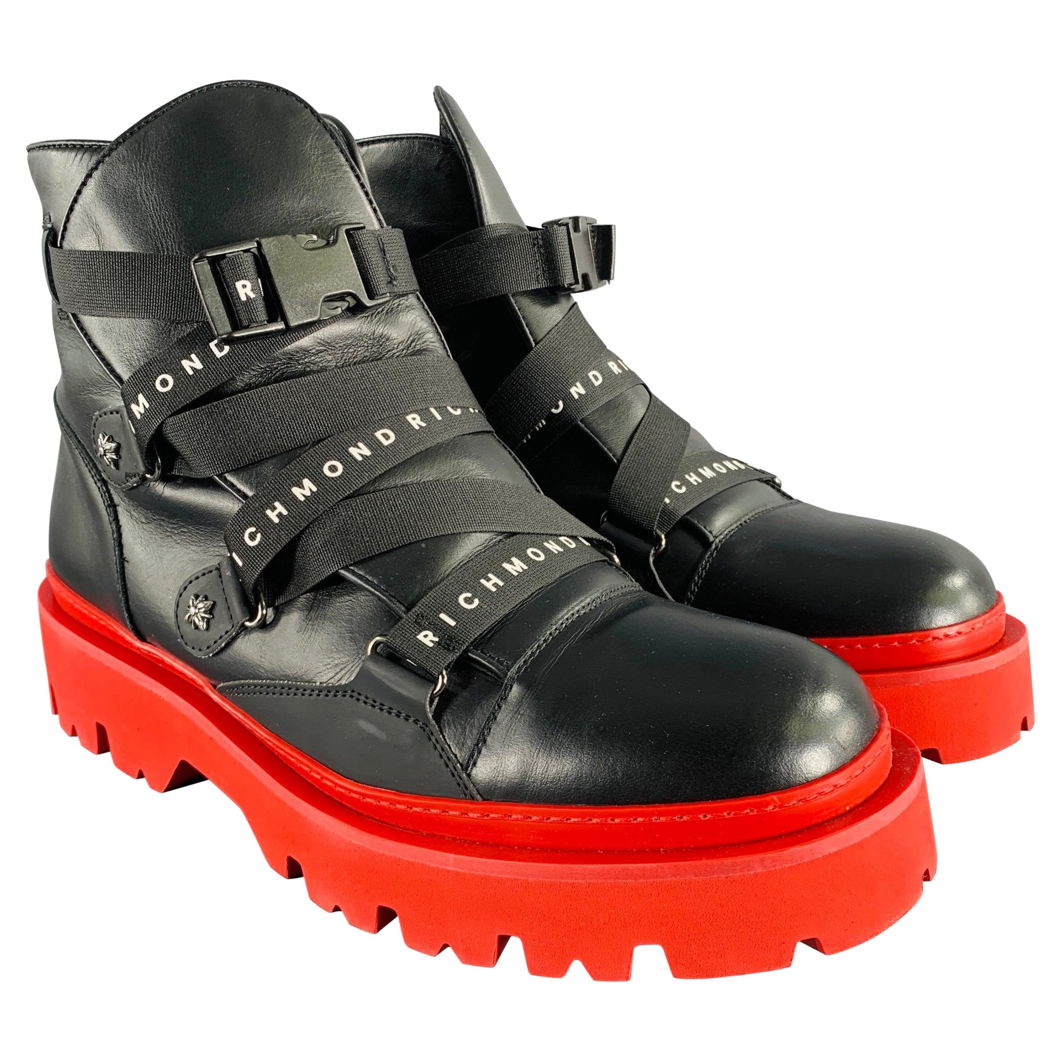 JOHN RICHMOND Size 13 Black Red Solid Leather Track Sole Boots For Sale