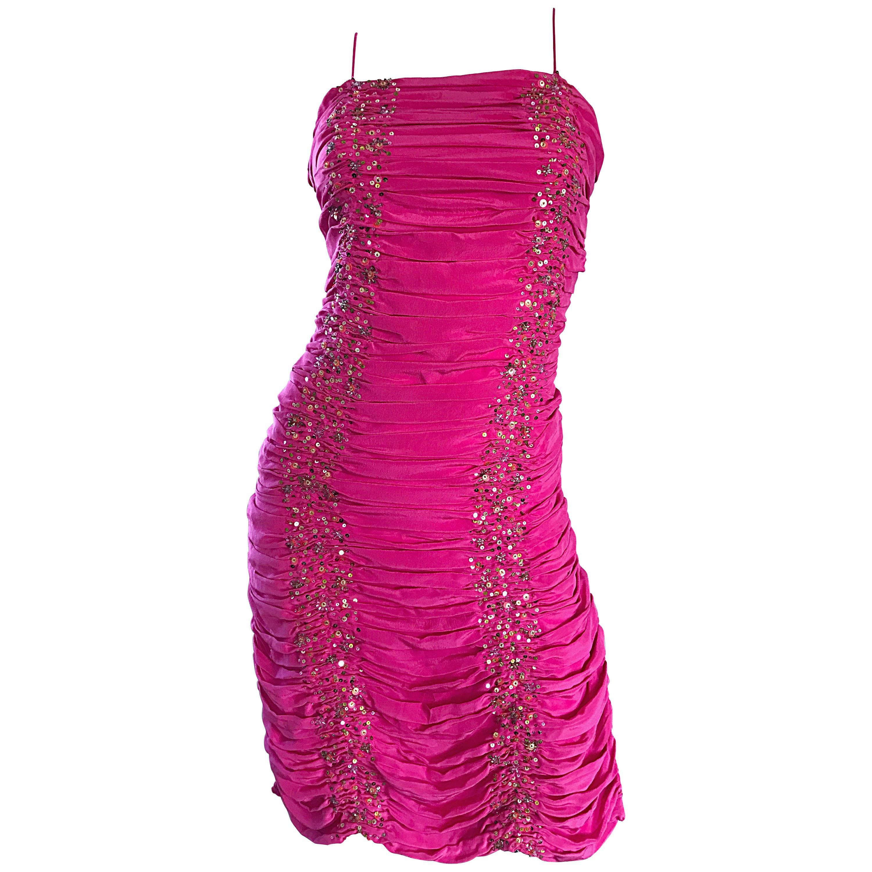 Payal Singhal First Collection c. 1999 Hot Pink Fuchsia Sequined Ruched Dress