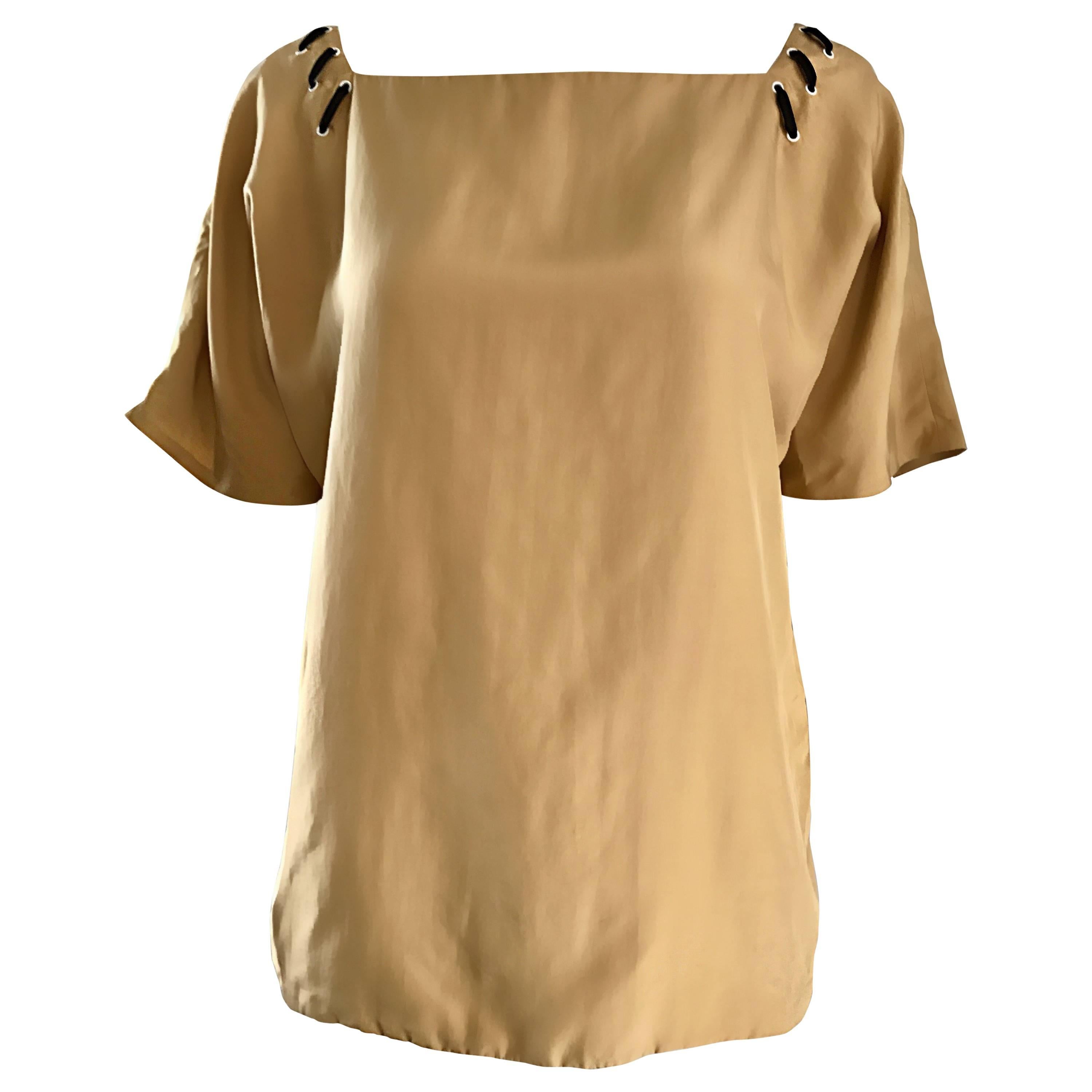 1990s Fendi by Karl Lagerfeld Tan Silk Vintage 90s Boho Tunic Blouse Size 42 For Sale