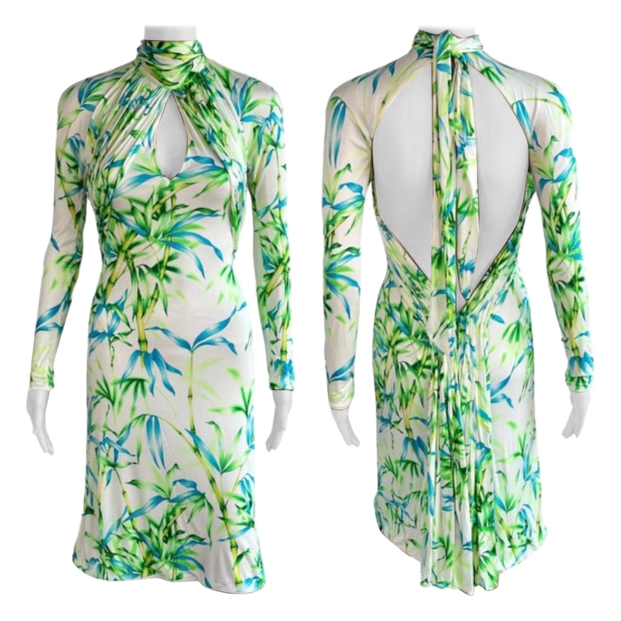 Gianni Versace F/S 2000 Laufsteg Bambus Dschungel Druck Schlüsselloch Ausschnitt hinten Kleid mit Ausschnitt