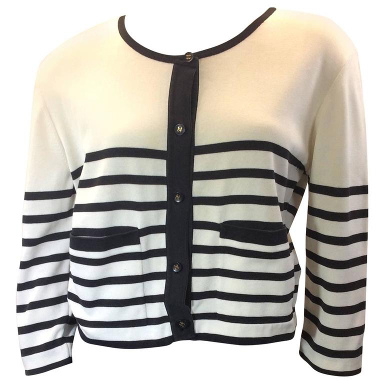 Chanel Boutique Black and White Striped Cardigan For Sale at 1stDibs ...
