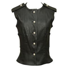 CHANEL Black Leather Vest Waistcoat Lambskin Sleeveless Buttons Pockets 38 2016