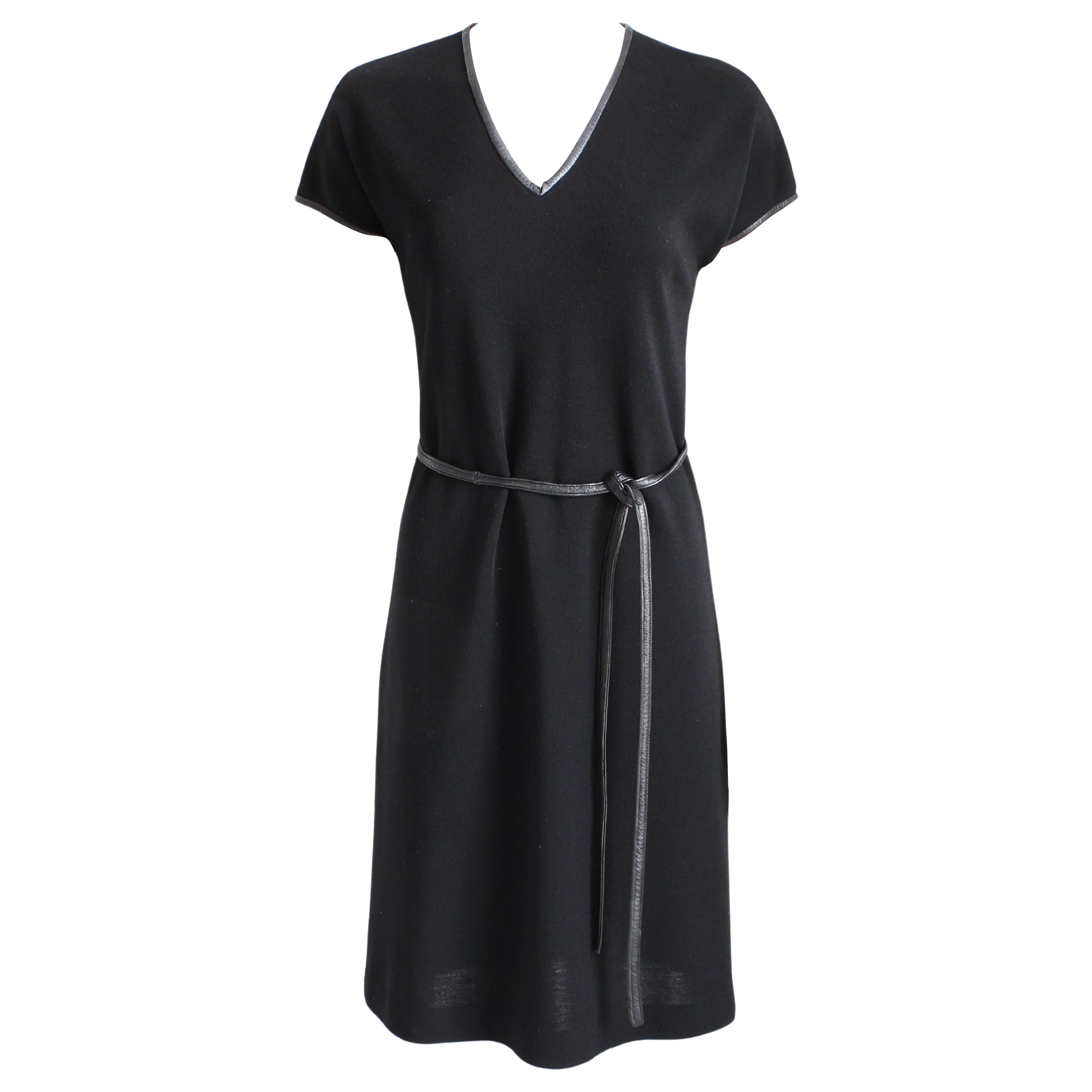 Bonnie Cashin pour Sills Robe et ceinture Jersey de laine noir Garniture en cuir Vintage en vente