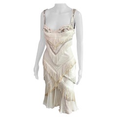 Versace S/S 2006 Runway Bustier Sheer Mesh Bra Fringed Leather Silk Ivory Dress