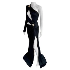Roberto Cavalli S/S 2022 Embellished Cutout High Slit Black Evening Dress Gown