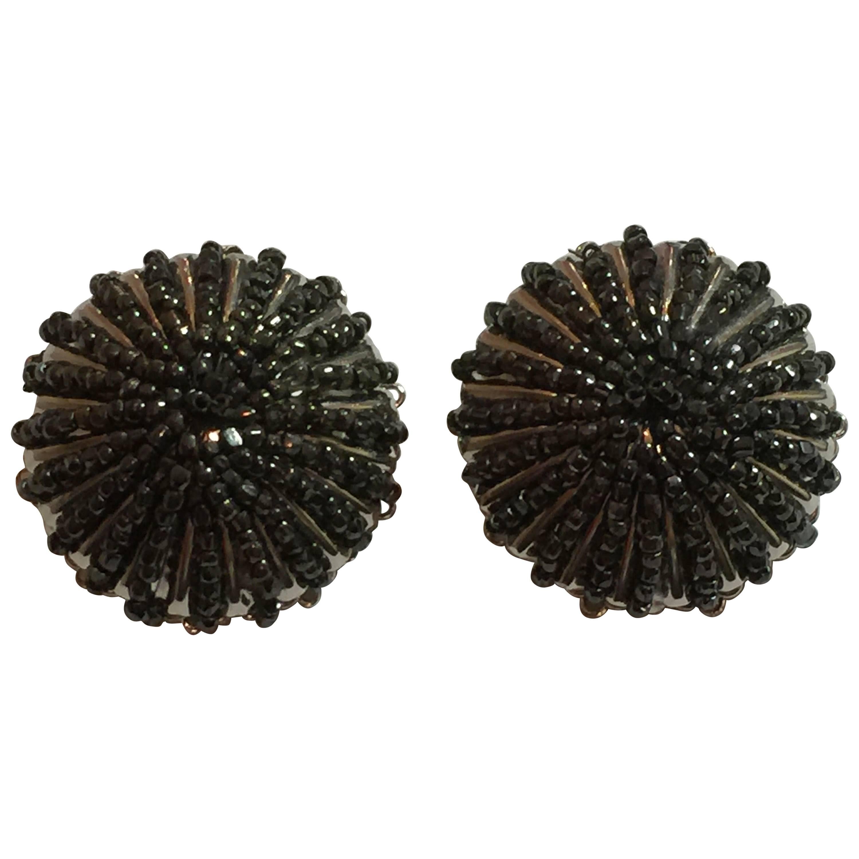 1970s William deLillo Seed bead Hematite and Silvertone Clip on Earrings For Sale