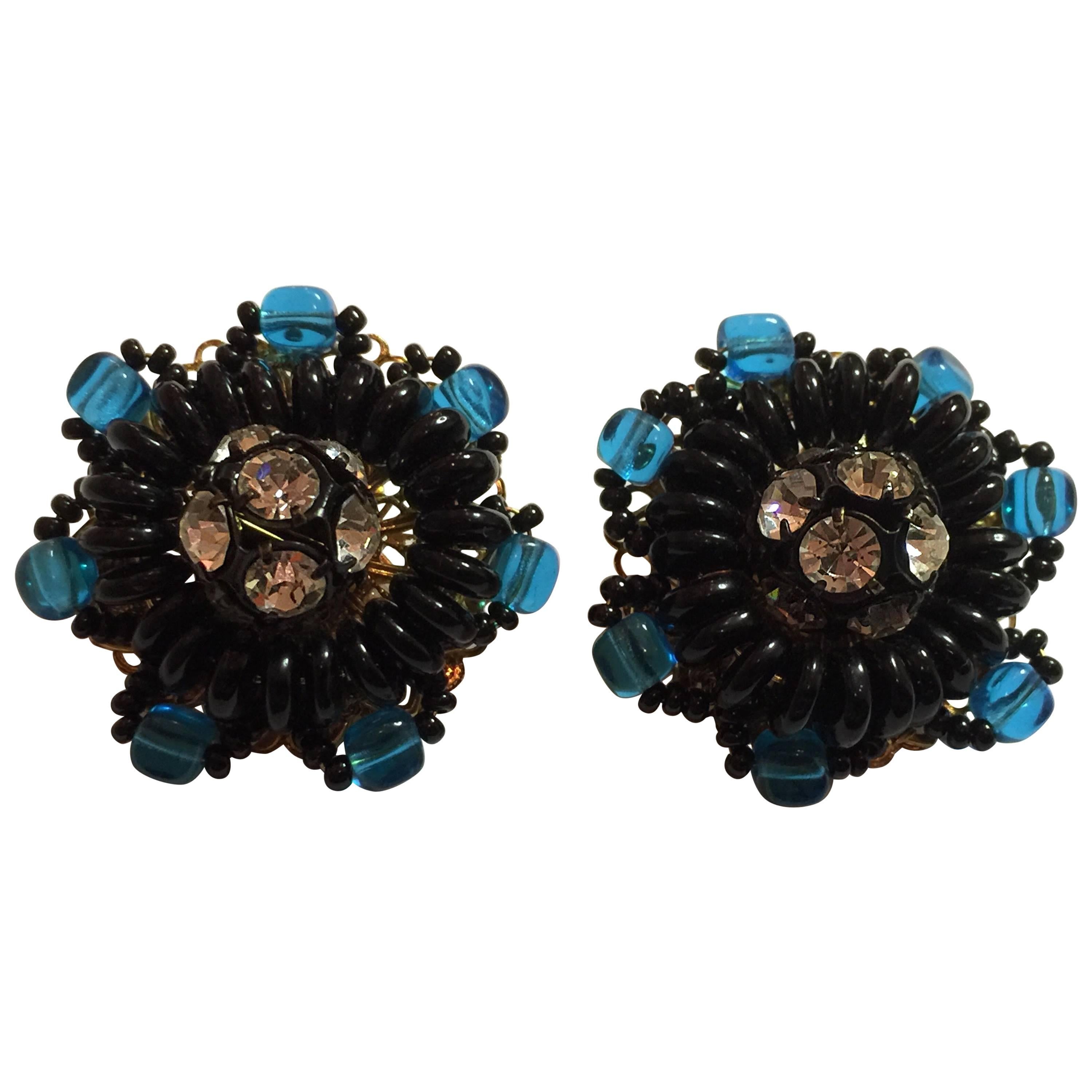 1970s DeLillo Faux Aquamarine Jet Bead and Rhinestone Clip Back Earrings For Sale