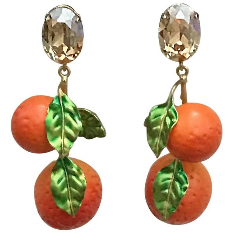 Dolce and Gabbana Orange Drop Earrings Crystal Gold Tone Resin at
