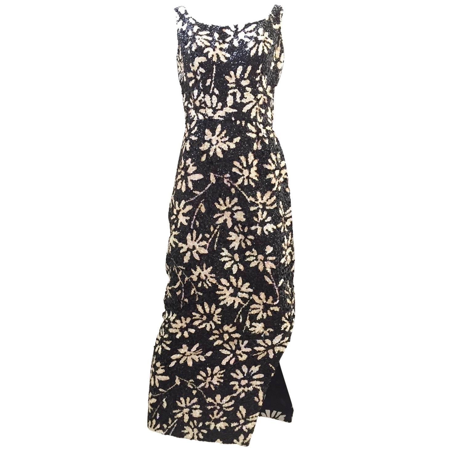 1960s Black and white floral sequin wiggle dress