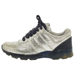 Chanel Silver Textured Leather CC Low Top Sneakers Size 36
