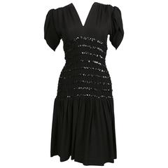 1983 Yves Saint Laurent Documented Black smocked and sequined Cocktail Dress