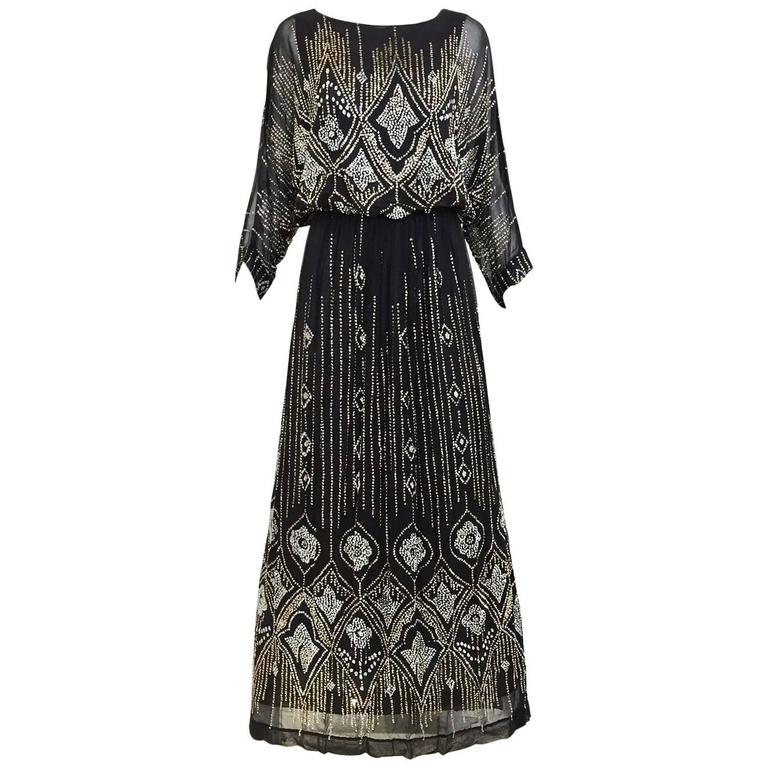 1970s Saks Fifth Ave Black and Silver Metallic Maxi Dress For Sale at ...
