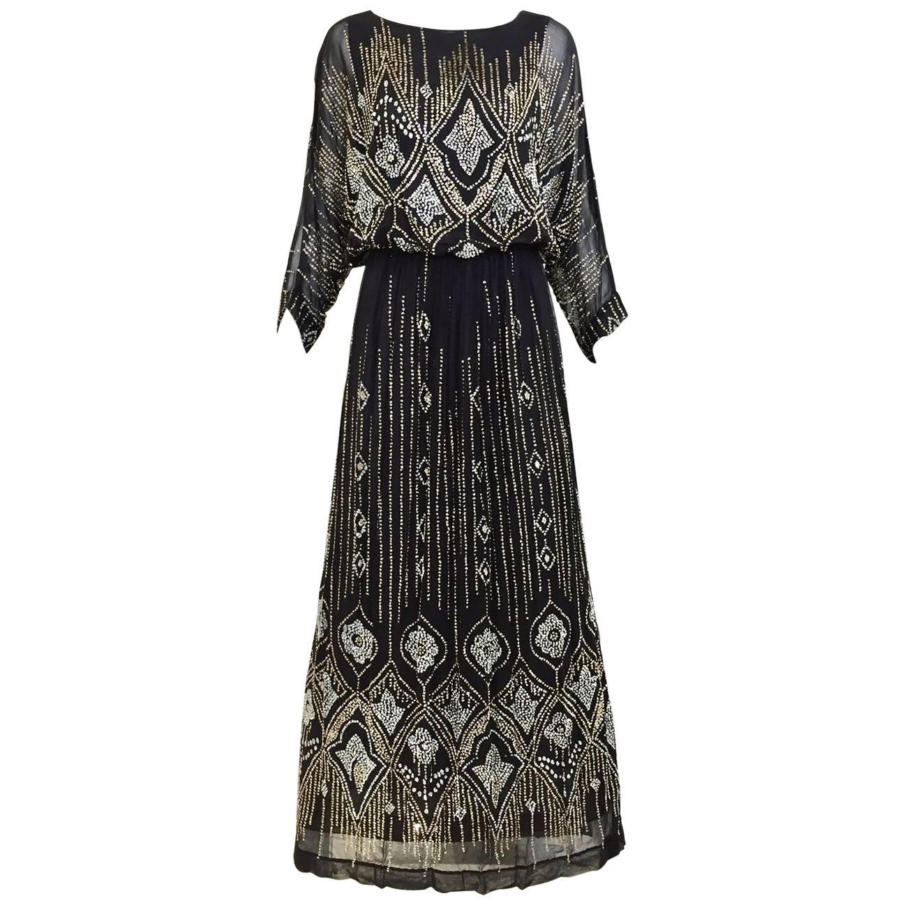 1970s Saks Fifth Ave Black and Silver Metallic Maxi Dress