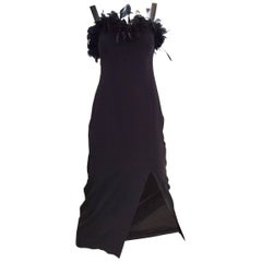 1970s Black Crepe Sheath Dress with Ostrich Feather Trim