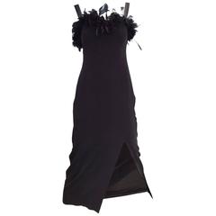 black crepe cocktail dress with feathers, 1990s