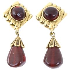 Vintage Chanel 80's Dangle Clip On Earrings Gold Tone Red Gripoix