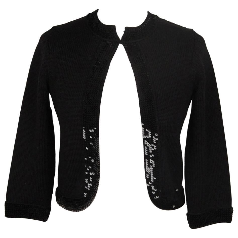 CHANEL Black Wool OPEN FRONT CARDIGAN w/ Sequin SIZE 36