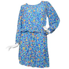 90s Yves Saint Laurent Rive Gauche Blue Silk Day Dress