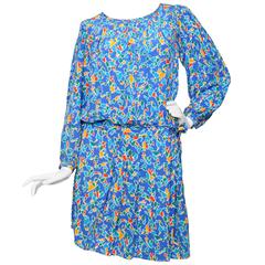 90s Yves Saint Laurent Rive Gauche Blue Silk Day Dress 4