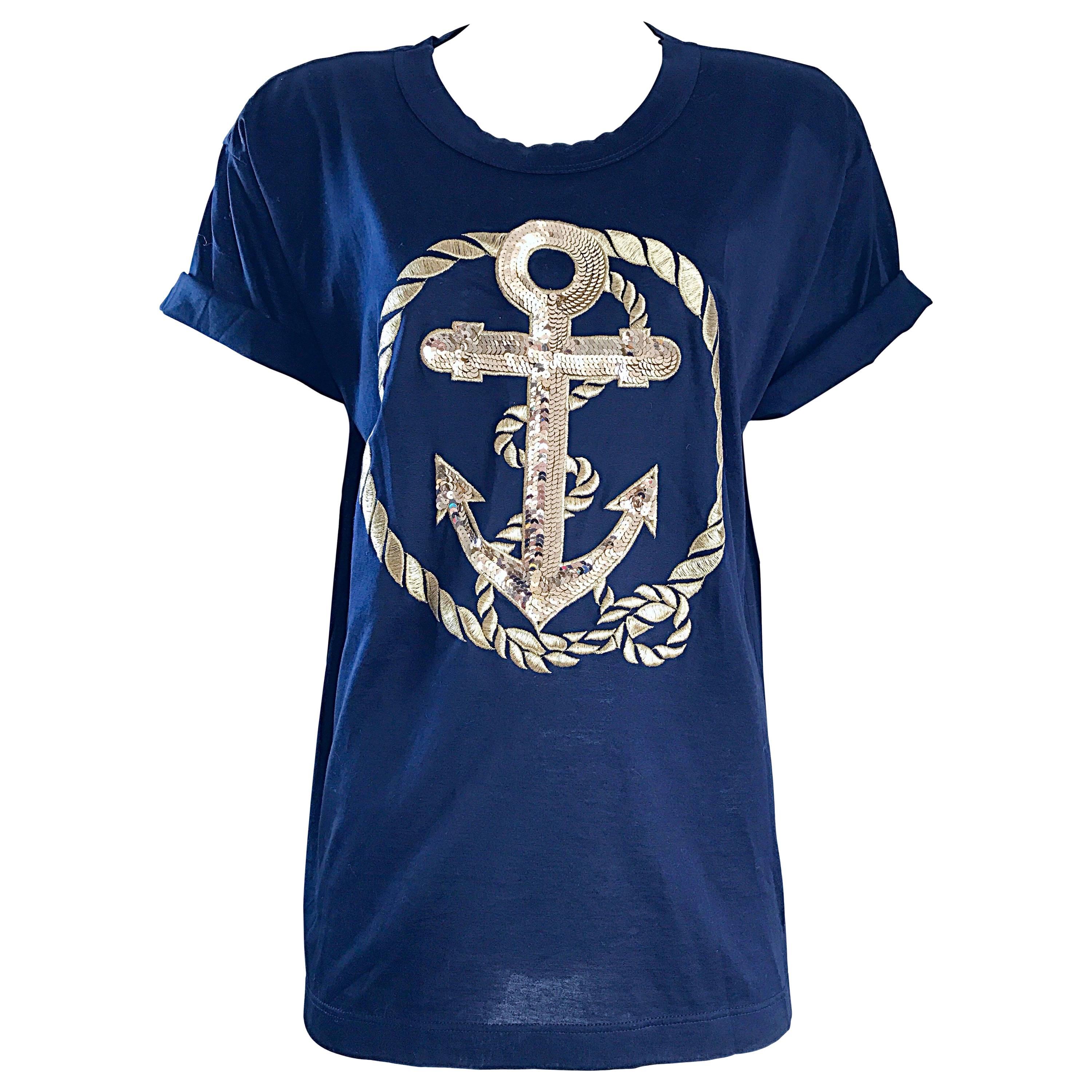 Vintage Escada by Margaretha Ley Navy and Gold Nautical Sequin Tee Shirt Top 