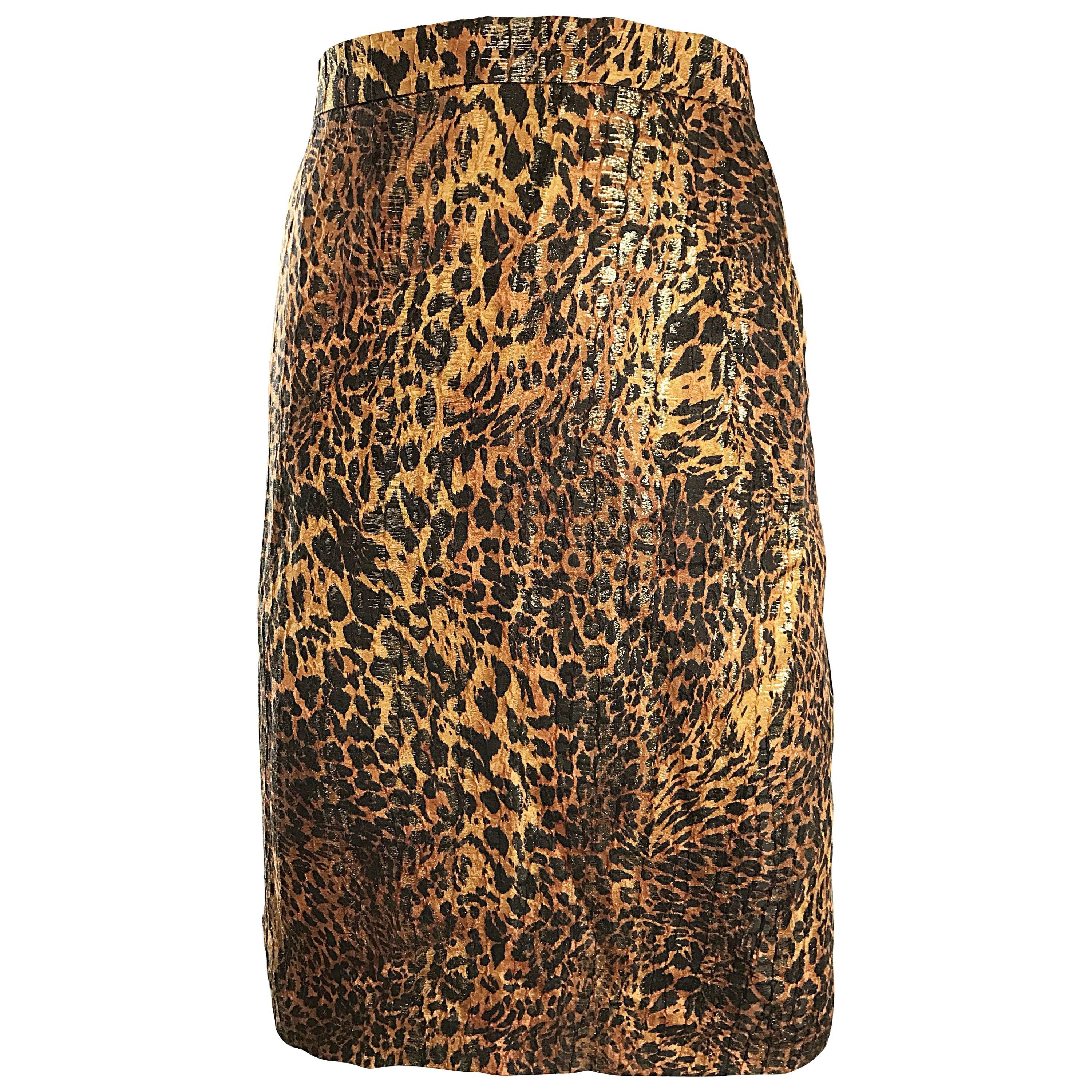Vintage Escada Margaretha Ley Silk Leopard Print + Gold High Waist Pencil Skirt For Sale