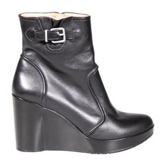 Clergerie Black Leather Buckle Wedge Ankle Boots Size UK 6