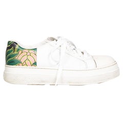 Prada White Leather Floral Print Panel Trainers Size IT 37