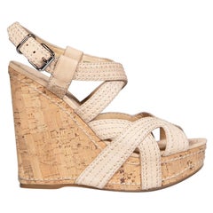 Miu Miu Ecru Leather Wide Stitch Cork Wedge Sandals Size IT 36