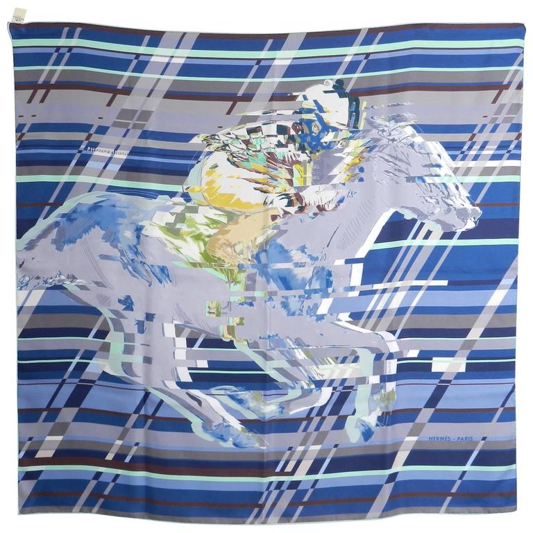 Hermes Photo Finish silk twill 90cm Scarf Blue Race Horse at 1stDibs