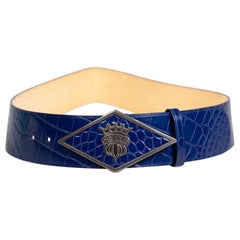 Céline Blue Leather Croc Embossed Logo Buckle Belt