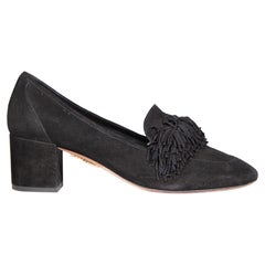 Aquazzura Black Suede Tassel Block Heel Pumps Size IT 37
