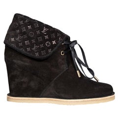 Louis Vuitton Black Suede Monogram Wedge Boots Size IT 37.5
