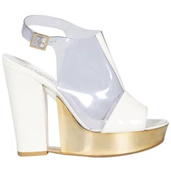 Chanel White Leather Gold Platform Wedge Sandals Size IT 40.5