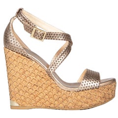 Jimmy Choo Gold Leather Strap Cork Wedge Sandals Size IT 37.5