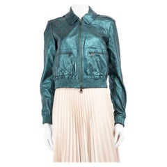 Burberry Metallic Teal Leather Bomber Jacket Size M