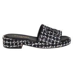 Chanel Black Tweed Interlocking CC Slides Size IT 37