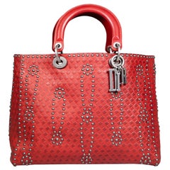 Dior 2017 Red Leather Studded Lady Dior Tote