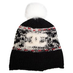 Chanel 2022 Wool Knit Shearling CC Pom Pom Beanie