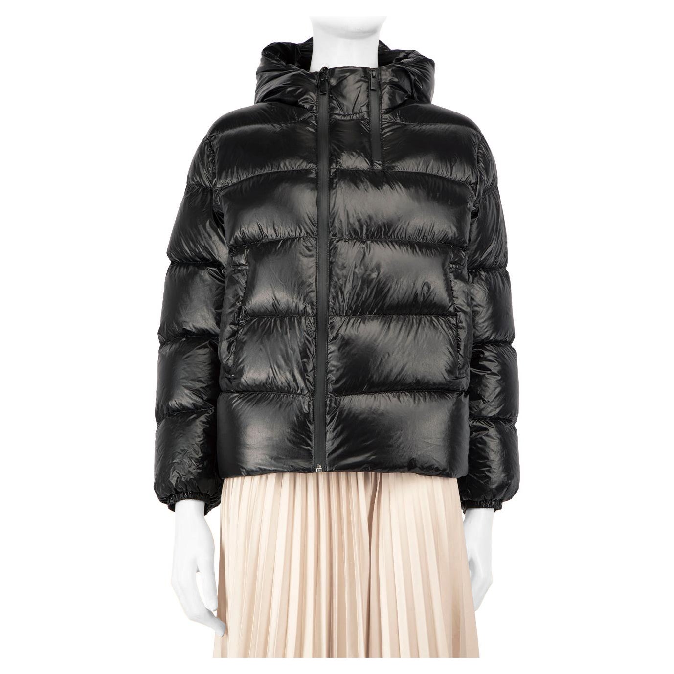 Emporio Armani Black Hooded Quilted Puffer Jacket Size S For Sale at 1stDibs