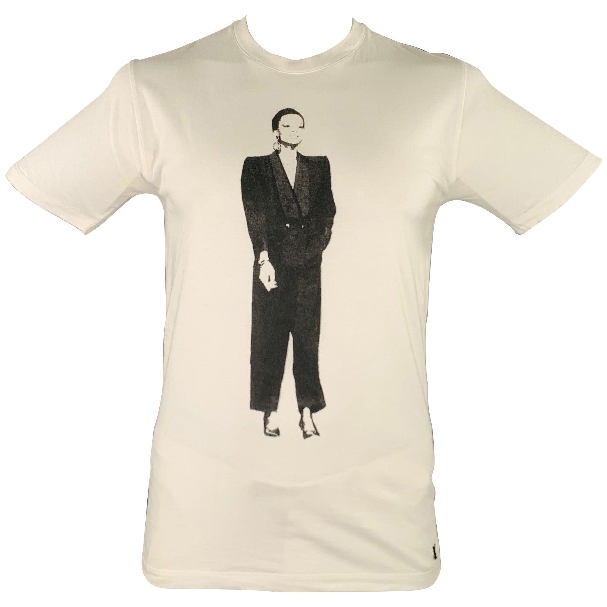 IVES SAINT LAURENT Size L White Black Figures Cotton Short Sleeve T-shirt