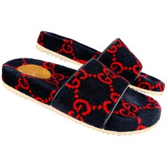 GUCCI Size 10.5 Black Red Guccissima Monogram Velvet Slip On Sandals