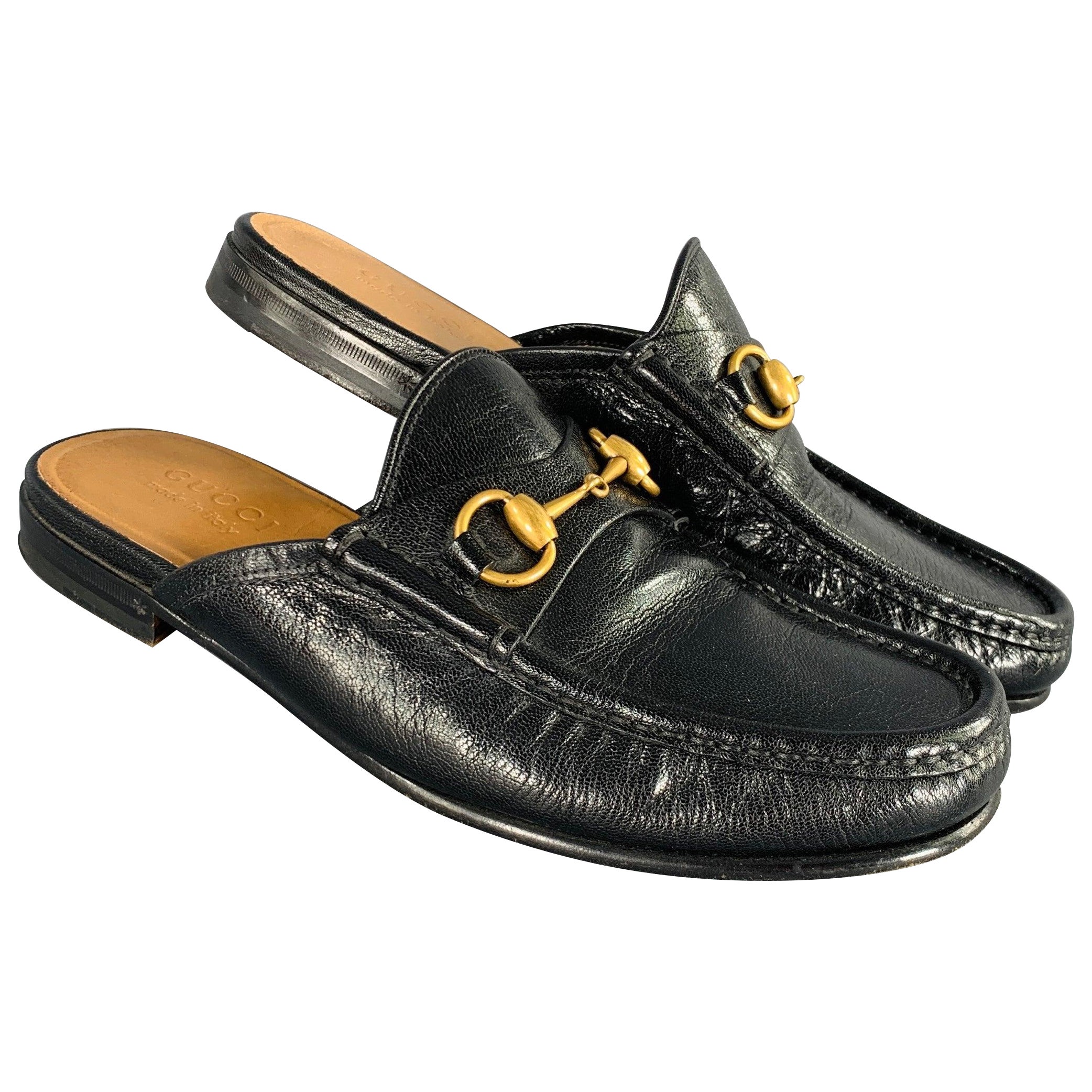GUCCI Size 7.5 Black Gold Leather Horsebit Slip On Loafers