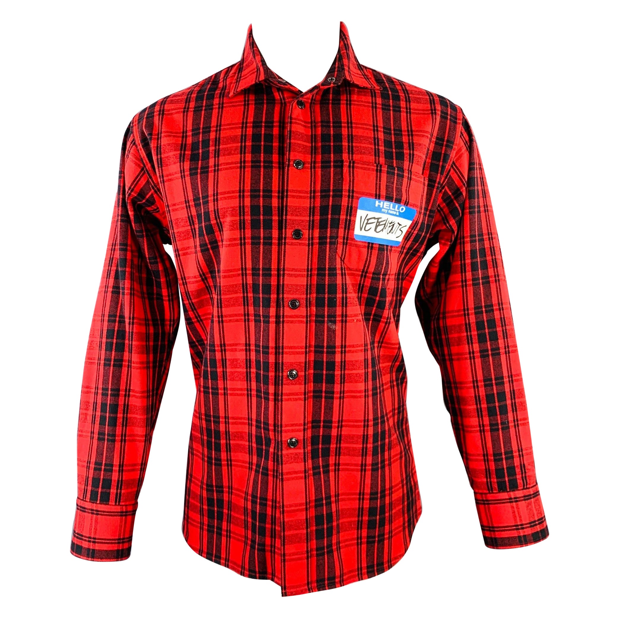 VETEMENTS Size XS -My Name Is- Red Black Plaid Cotton Blend Long Sleeve Shirt For Sale