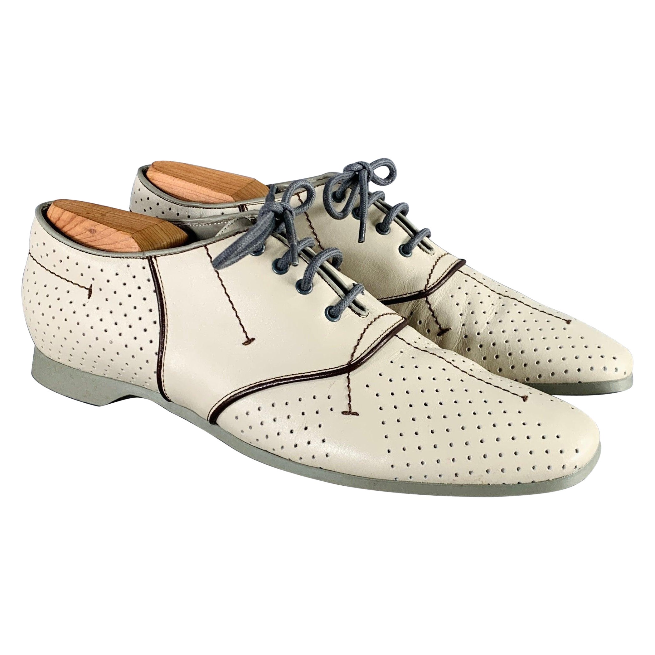 PRADA Size 7.5 Grey Brown Perforated Leather Lace-Up Shoes For Sale