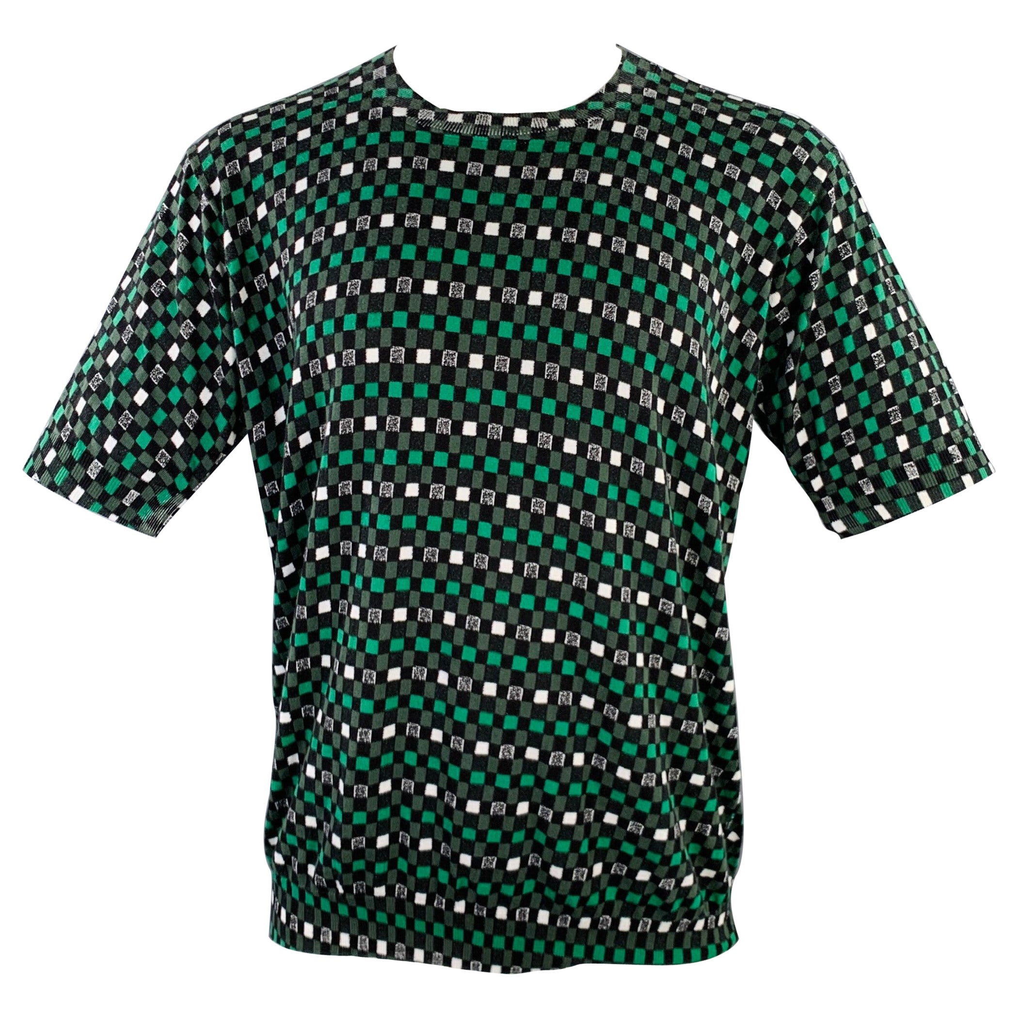 MARNI Size M Green Black Checkered Cotton Short Sleeve Pullover For Sale