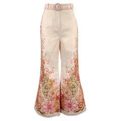 Zimmermann Taglia S Rosa Oliva Lino Ricamato Pantaloni a Vita Alta