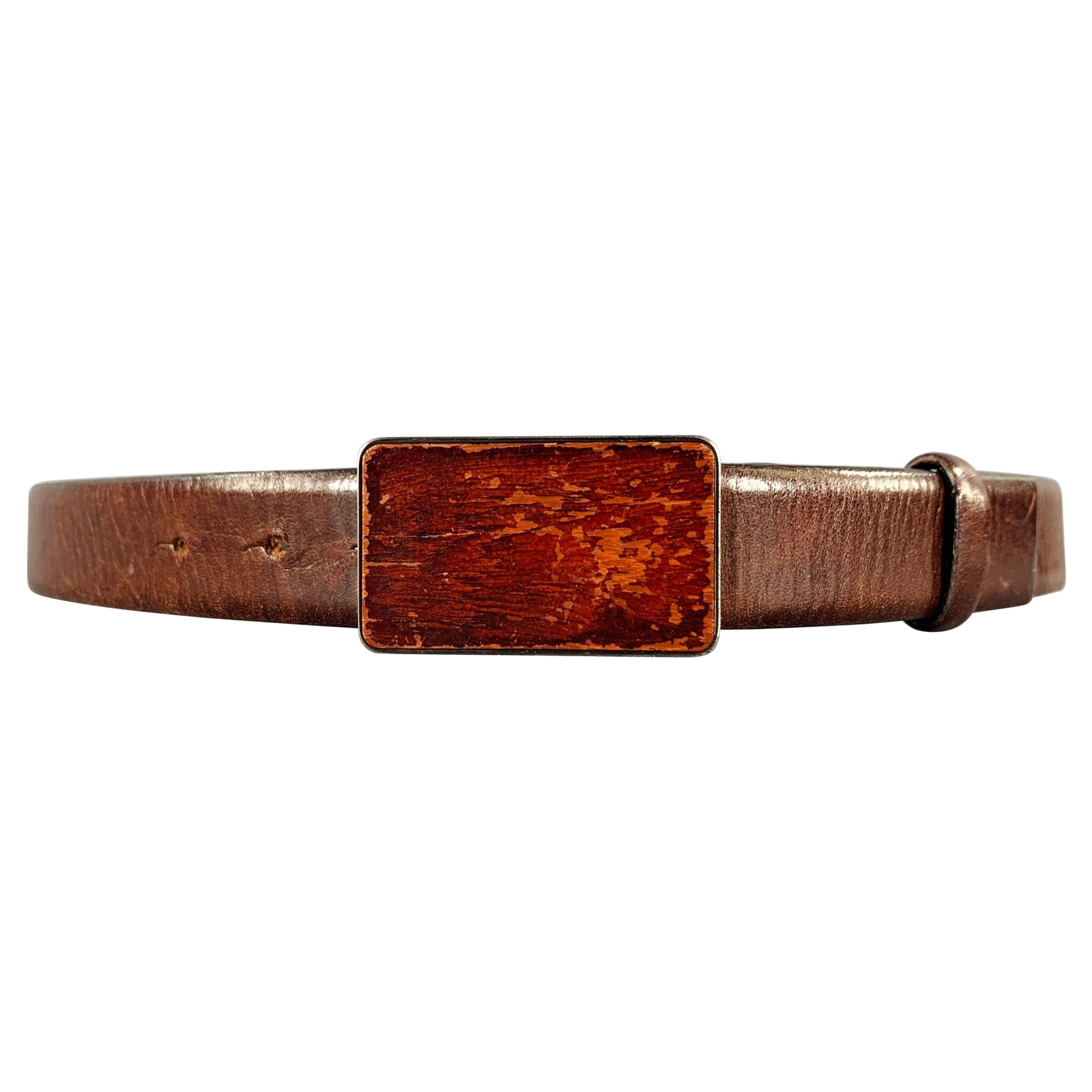 JIL SANDER Talla 37 Cinturón de cuero marrón con hebilla de madera